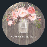 Pink Flowers Mason Jar Rustic Wedding Classic Round Sticker<br><div class="desc">Baby's breath and pink floral mason jar wedding seal</div>