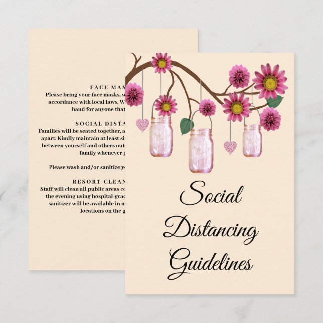 Pink Flowers Mason Jar Safety Measures Enclosure Card (Front/Back)