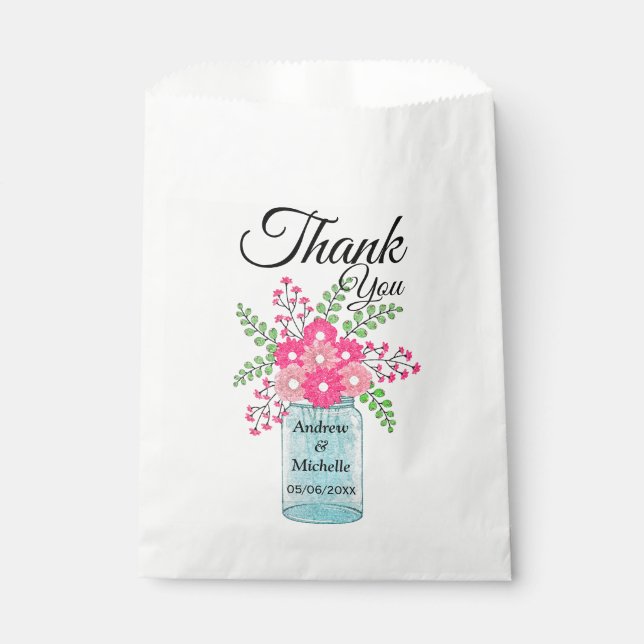 Pink Flowers Mason Jar Thank You Favour Bags (Front)