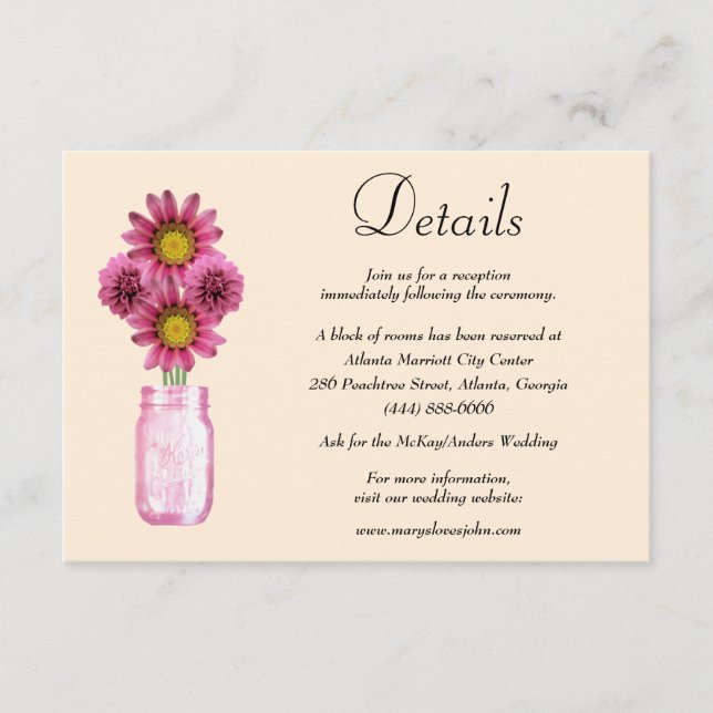 Pink Flowers Mason Jar Wedding Details Enclosure Card (Front)