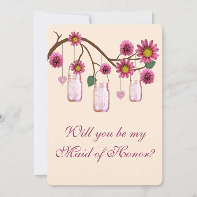 Pink Flowers Mason Jars Maid Of Honour Card (Front)
