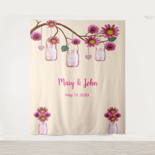 Pink Flowers Mason Jars Photo Backdrop Tapestry