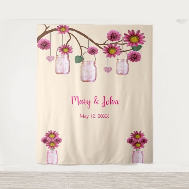 Pink Flowers Mason Jars Photo Backdrop Tapestry (Front)