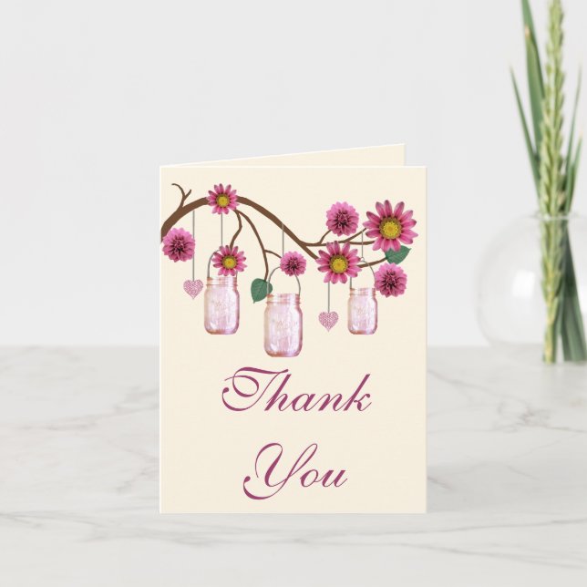 Pink Flowers Mason Jars Thank You Card (Front)