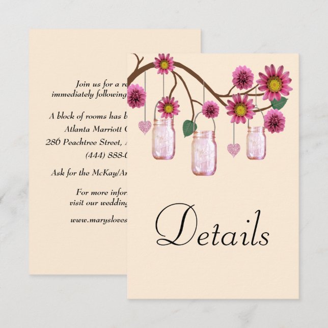 Pink Flowers Mason Jars Wedding Details Enclosure Card (Front/Back)