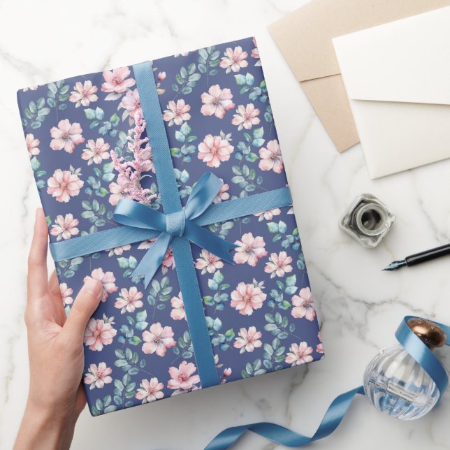 Pink Flowers Meadow Navy Blue Wrapping Paper (Gifting)