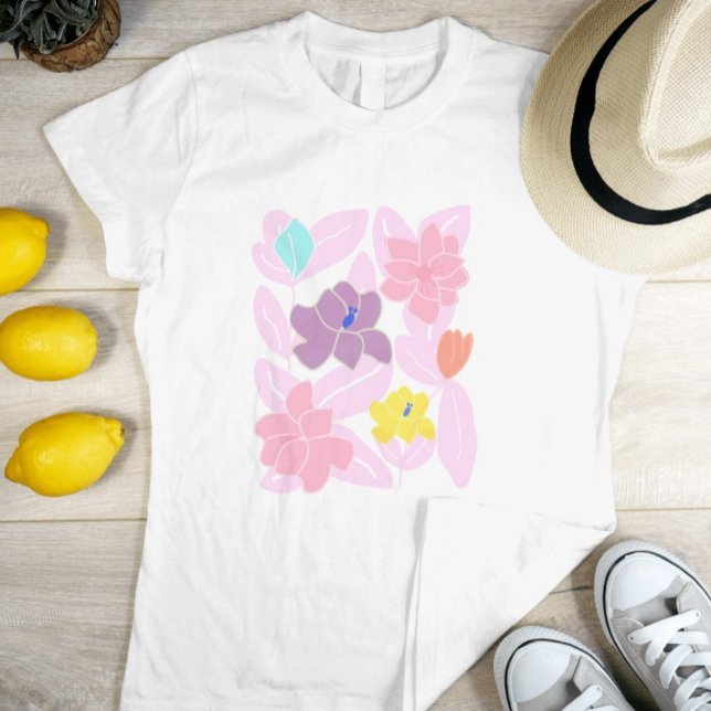 Pink flowers modern pretty fashion feminine T-Shirt (White pink floral t-shirt for women. Pretty watercolor pink yellow tshirt for fashion girls. )