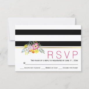Pink flowers modern stripes floral wedding RSVP