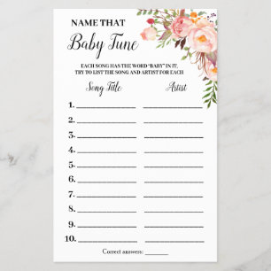 Pink Flowers Name that Baby Tune Shower Game Card