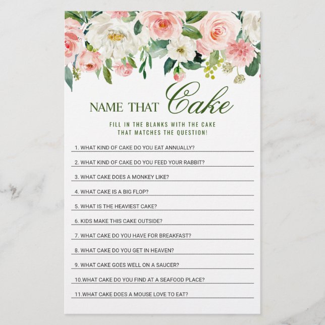 Pink Flowers Name That Cake Bridal Shower Game (Front)