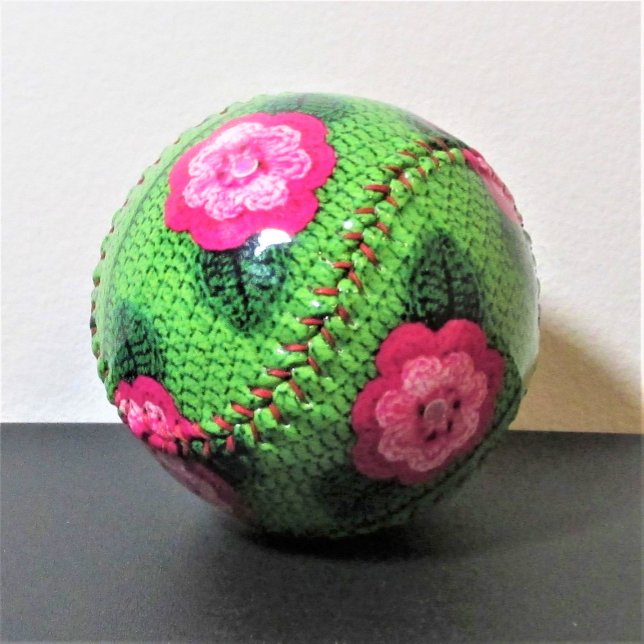 Pink Flowers Natural Greens Designer Crochet Print Softball (Creator Uploaded)