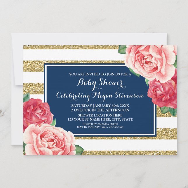 Pink Flowers Navy Blue Gold Stripes Baby Shower Invitation (Back)