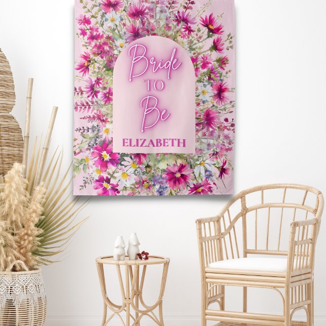 Pink Flowers Neon Glow Bride to Be Bridal Shower Tapestry (Creator Uploaded)