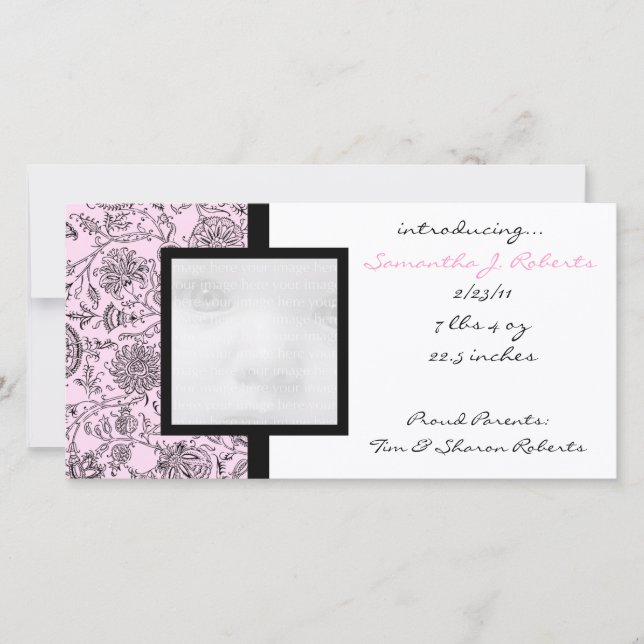 Pink Flowers New Baby Announcement Photo Cards (Front)
