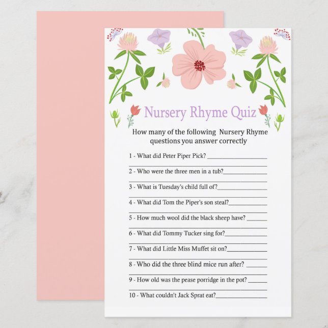Pink Flowers Nursery Rhyme Quiz baby shower game (Front/Back)