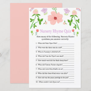 Pink Flowers Nursery Rhyme Quiz baby shower game