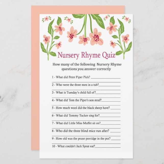 Pink Flowers Nursery Rhyme Quiz baby shower game (Front/Back)