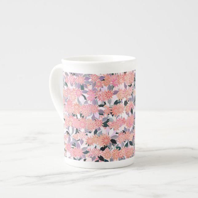 Pink flowers on a background of silver leaves bone china mug (Front Left)
