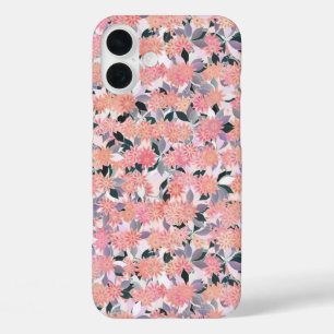 Pink flowers on a background of silver leaves iPhone 16 plus case
