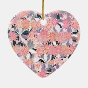 Pink flowers on a background of silver leaves ceramic tree decoration