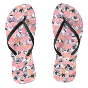 Pink flowers on a background of silver leaves flip flops