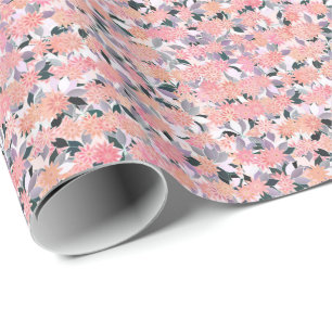 Pink flowers on a background of silver leaves wrapping paper