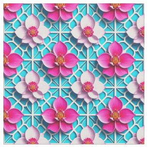Pink Flowers on a Geometric Blue Background Fabric