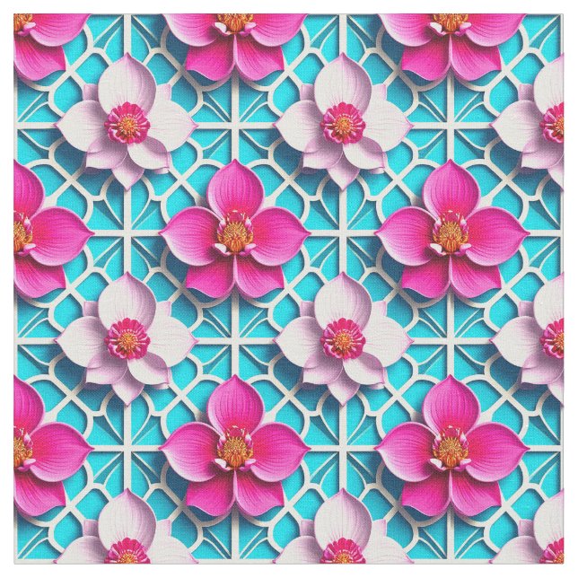Pink Flowers on a Geometric Blue Background Fabric (Close Up)