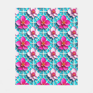 Pink Flowers on a Geometric Blue Background Fleece Blanket