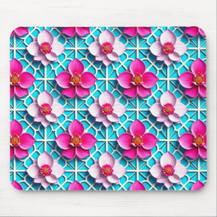 Pink Flowers on a Geometric Blue Background Mouse Mat