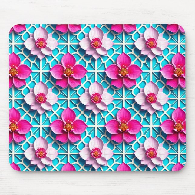 Pink Flowers on a Geometric Blue Background Mouse Mat (Front)