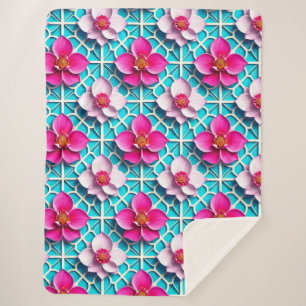 Pink Flowers on a Geometric Blue Background Sherpa Blanket