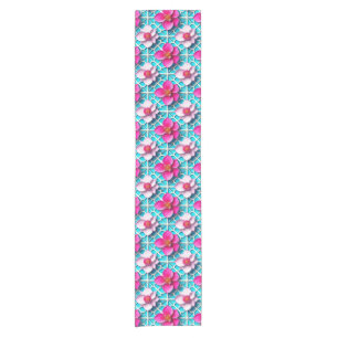 Pink Flowers on a Geometric Blue Background Short Table Runner