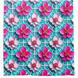 Pink Flowers on a Geometric Blue Background Shower Curtain
