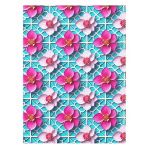 Pink Flowers on a Geometric Blue Background Tablecloth