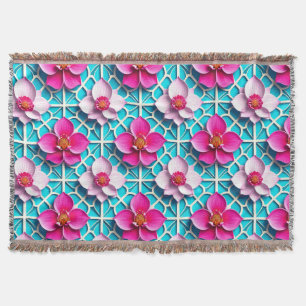 Pink Flowers on a Geometric Blue Background Throw Blanket