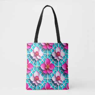 Pink Flowers on a Geometric Blue Background Tote Bag