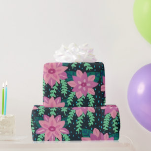 Pink Flowers on Black Print Wrapping Paper