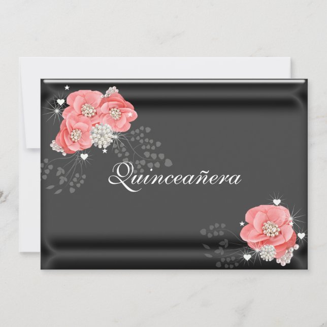 Pink Flowers on Black, Quinceañera,15th Birthday Invitation (Front)