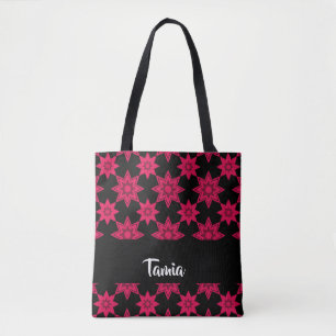 Pink flowers on black tote bag