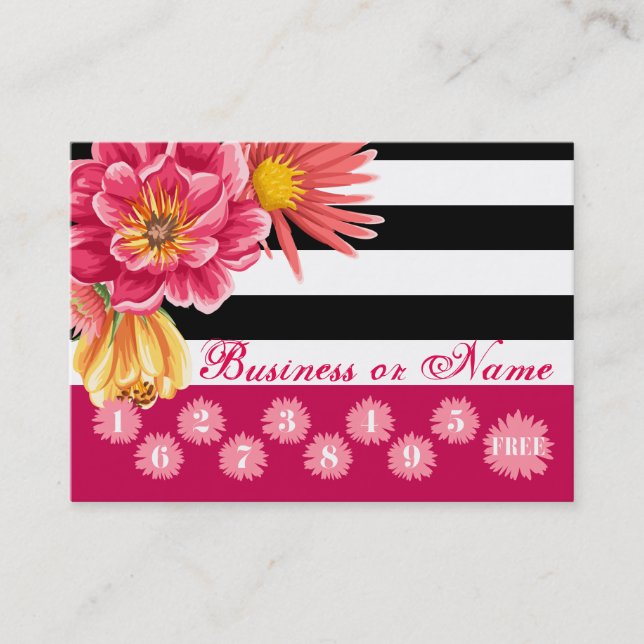 Pink Flowers on Black White Stripes Loyalty Reward (Front)