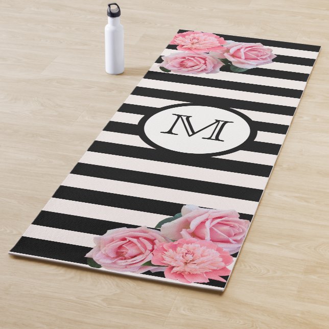 Pink flowers on black white stripes monogram yoga mat (In Situ)