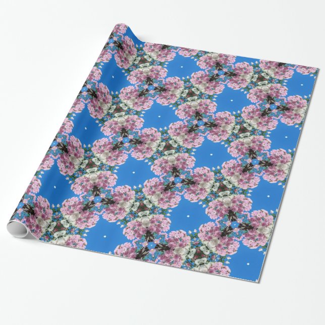 Pink flowers on blue background wrapping paper (Unrolled)