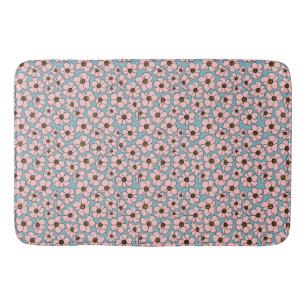 Pink Flowers On Blue Bath Mat