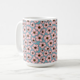 Pink Flowers On Blue Coffee Mug