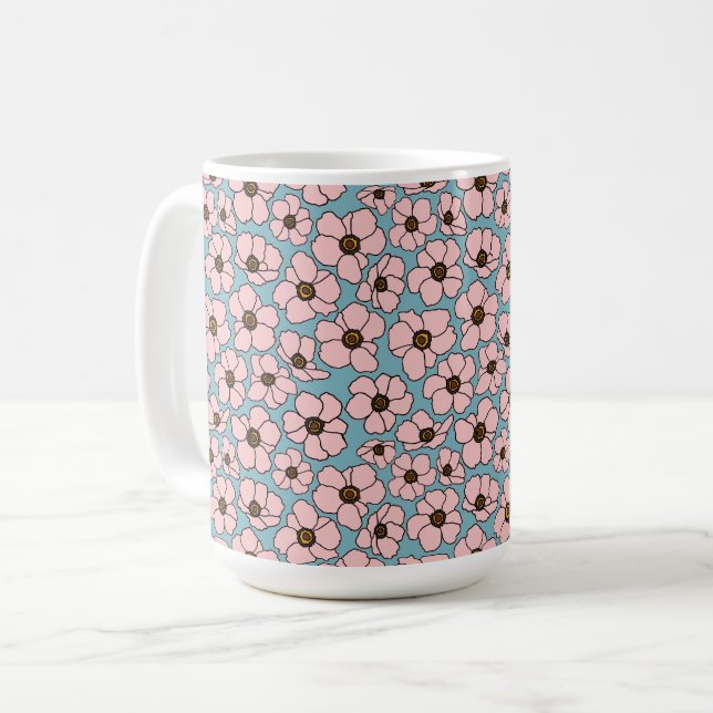 Pink Flowers On Blue   Coffee Mug (Front Left)