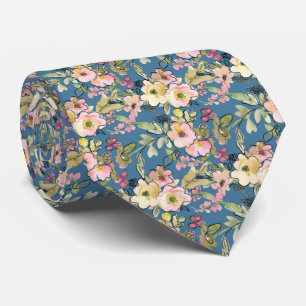 Pink Flowers on Blue Tie