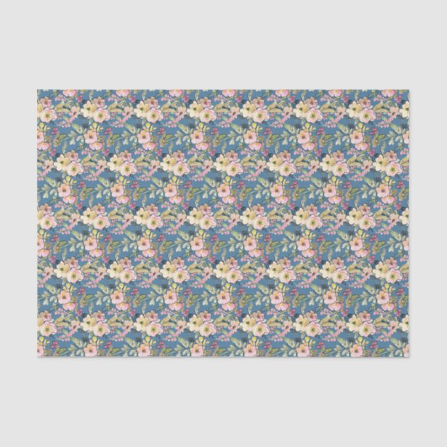 Pink Flowers on blue  Tissue Paper (Front)