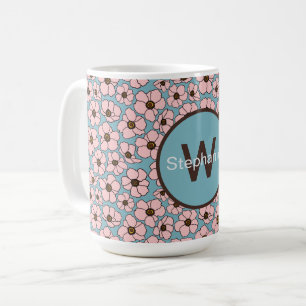 Pink Flowers On Blue With Monogram Coffee Mug