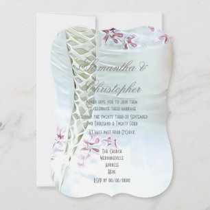 Pink flowers on brides dress wedding invitation
